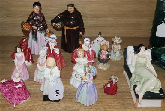 A collection of Doulton figurines: The Orange Lady, Jovial Monk and Sleeping Beauty (16 items)